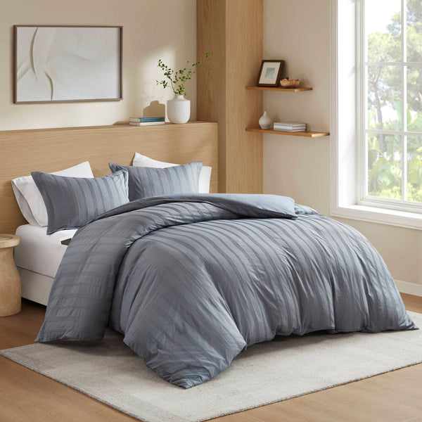 JLA Home Super Listing - Woven Logan duvet set with subtle woven stripe, brushed microfiber reverse & hidden zipper closure Blue/Grey AM12-0576