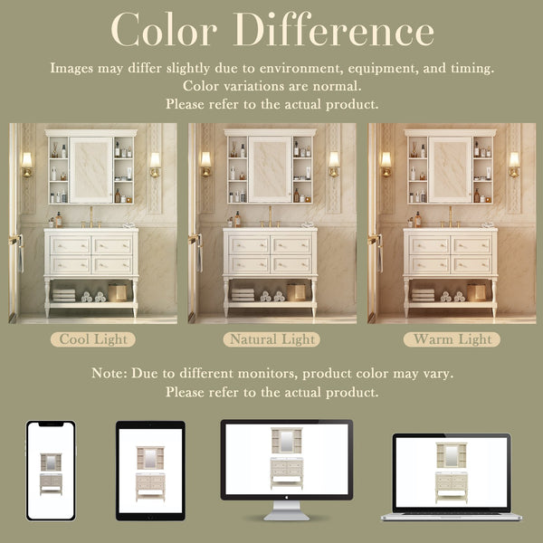 English Elm 36'' Modern Bathroom Vanity with Ceramic Sink and Medicine Cabinet, Solid Wood Frame, 4 Drawers, Waterproof Finish Beige SW000138AAY-1