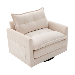 English Elm UNITED Swivel Barrel Chair with Chenille Upholstery, 360° Smooth Rotation, Padded Arm Comfort and Side Pockets for Living Room Relaxation Beige W1568P290083