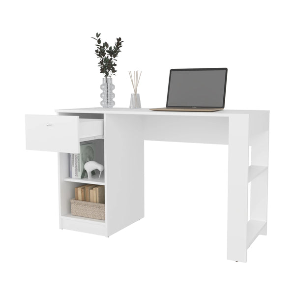 English Elm White Computer Desk Sleek Modern Home Office Table with Drawer, Two Open Shelves, Compact Storage Elegance B062P290243
