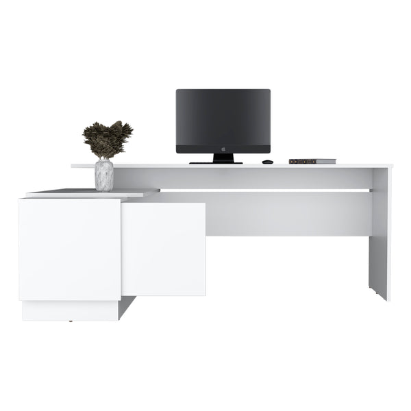 English Elm L-Shaped Desk Farrell White with 65" Work Surface, Integrated Cabinet & Open Shelves for Office Use B092S00266