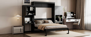 English Elm Queen Size Murphy Bed With Integrated Desk, Flip-Up Vanity & Storage Cabinets In Espresso Finish N820S10057P-GIGA
