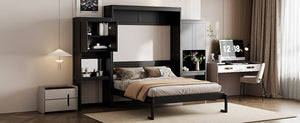 English Elm Queen Wall Bed with Integrated Desk Vanity and Cabinet Storage for Studio Rooms Espresso N820S10057P-1