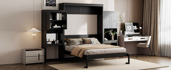 English Elm Queen Wall Bed with Integrated Desk Vanity and Cabinet Storage for Studio Rooms Espresso N820S10057P-1