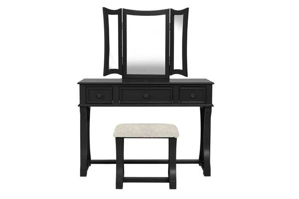 English Elm Unique Modern Pine Wood Vanity Set with 3-Panel Foldable Mirror, Cushioned Stool, Drawers — Rustic Chic B011P354536