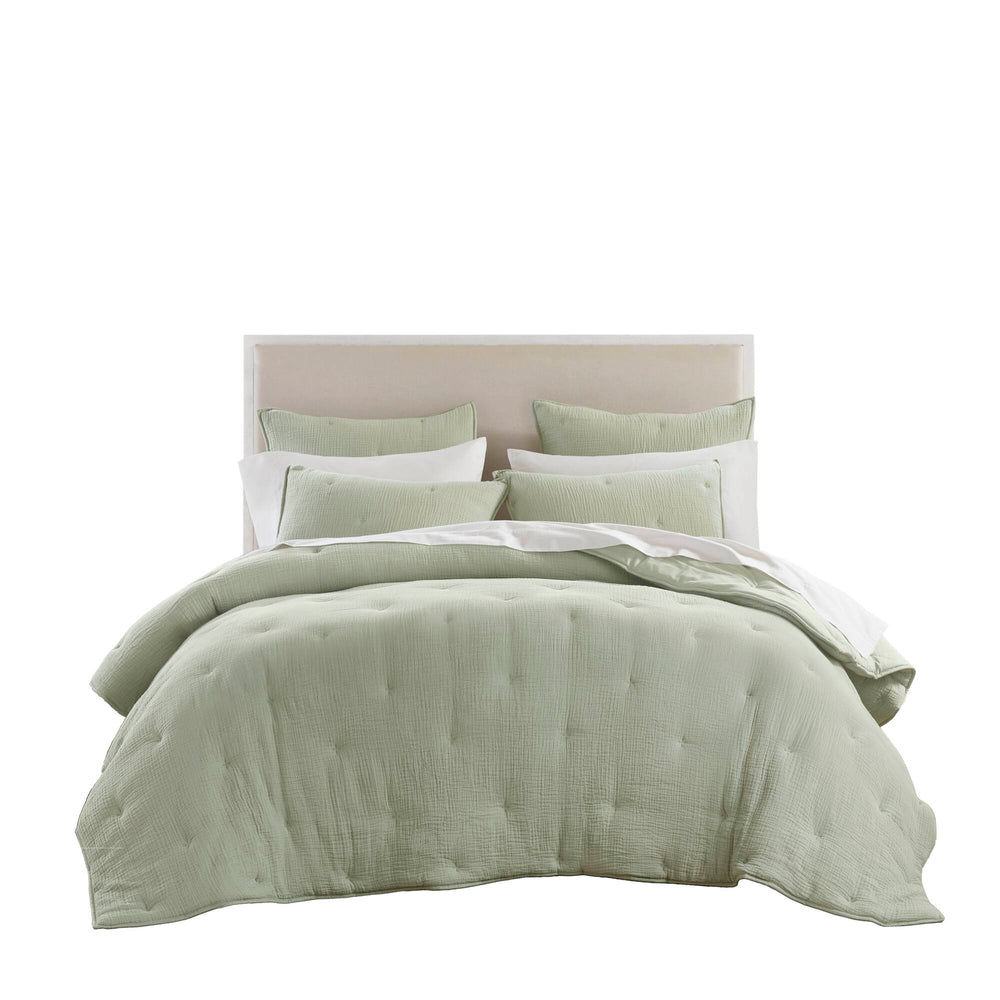 English Elm 3-piece King Cotton Muslin Quilt Set with Embroidered Tacking Breathable Crinkled Bedding B035P408344