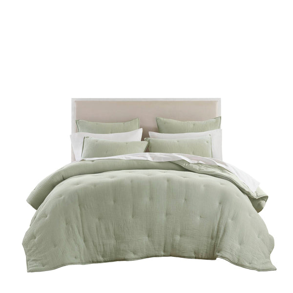 English Elm 3-piece King Cotton Muslin Quilt Set with Embroidered Tacking Breathable Crinkled Bedding B035P408344