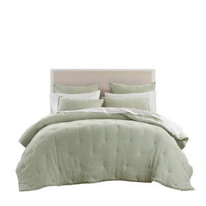 English Elm 3-piece Cotton Muslin Quilt Set with Embroidered Tacking for a Relaxed Bedroom Sage B035P408343