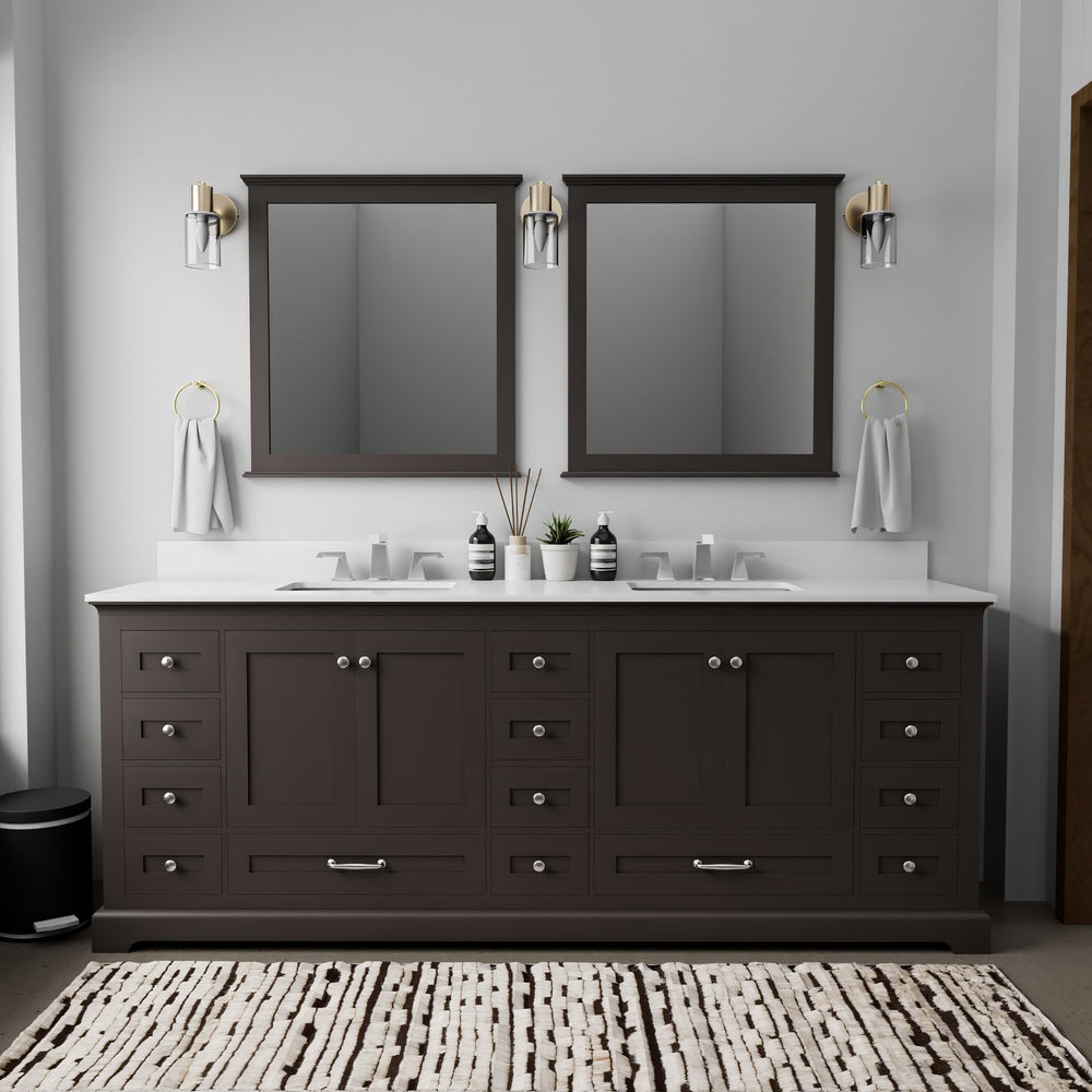 English Elm Espresso Double Bath Vanity 84" W x 22" D with White Quartz Top, 14 Drawers, Soft-Close, Faucet Set B2731P258439