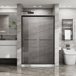 English Elm Goodyo Double Sliding Glass Shower Door - 48" W X 72" H, Matte Black Aluminum Frame, Easy Access D163107684