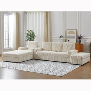 English Elm Corduroy minimalist coffee table conversion sofa set with cup grooves, recliner comfort and L-shaped layout for hosting Beige W834S00546
