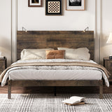 English Elm Farmhouse Wooden Platform Queen Size Bed, Modern Platform Bed With Two Bedside Lights, Antique Walnut