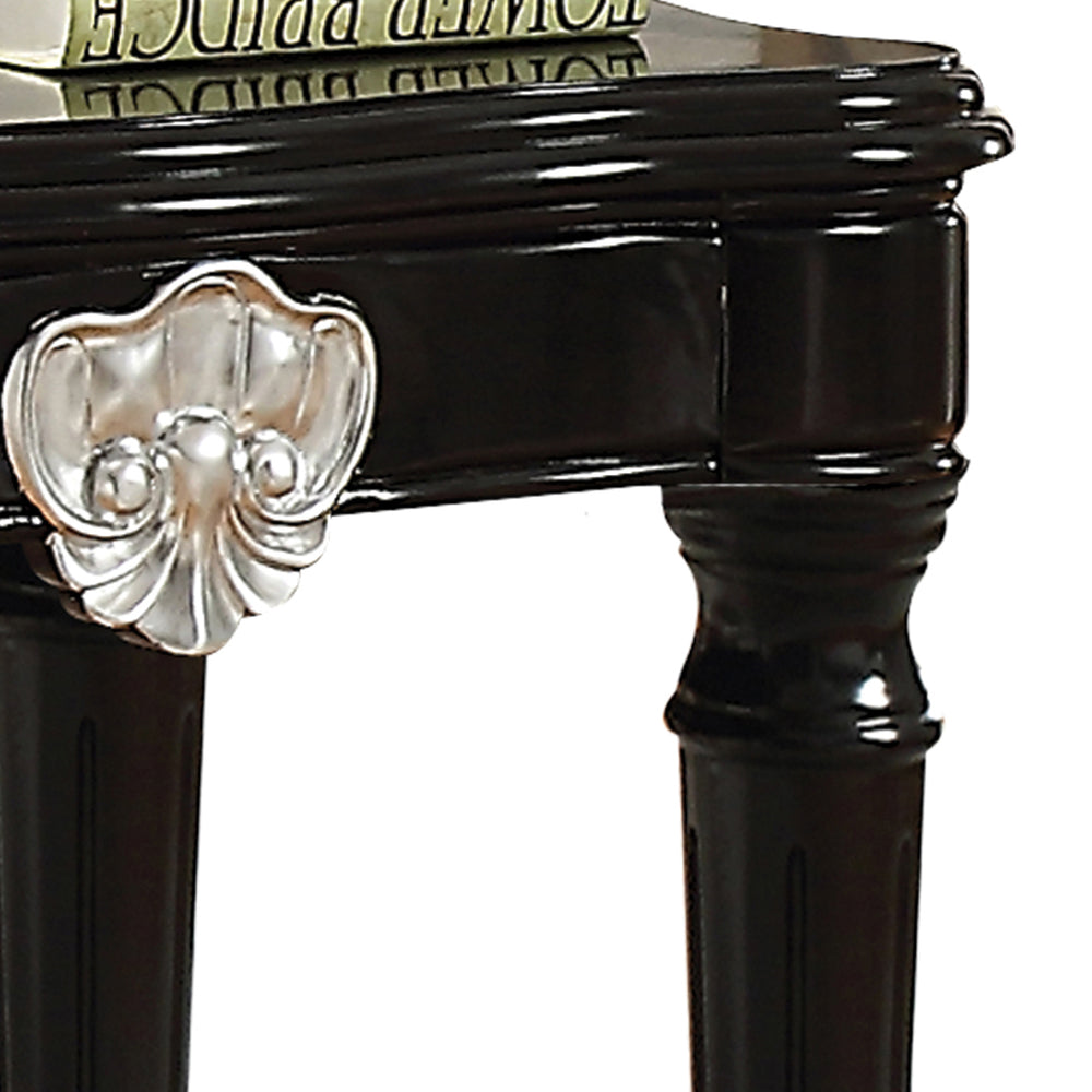 English Elm Black End Table with Scalloped MDF Top and Turned Legs, Poplar Apron Carved Motif, Timeless Accent B062P189193
