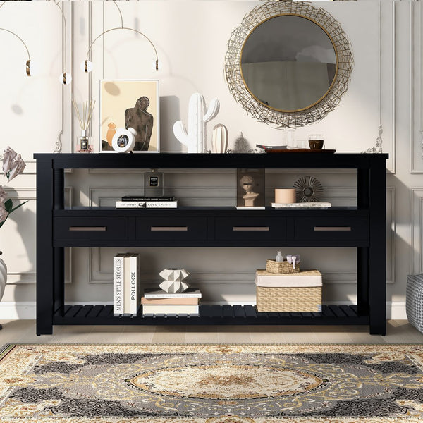 English Elm U_style Wide Painted Console Table Four Drawers Open Shelves Foyer Living Room Black N711P410406B