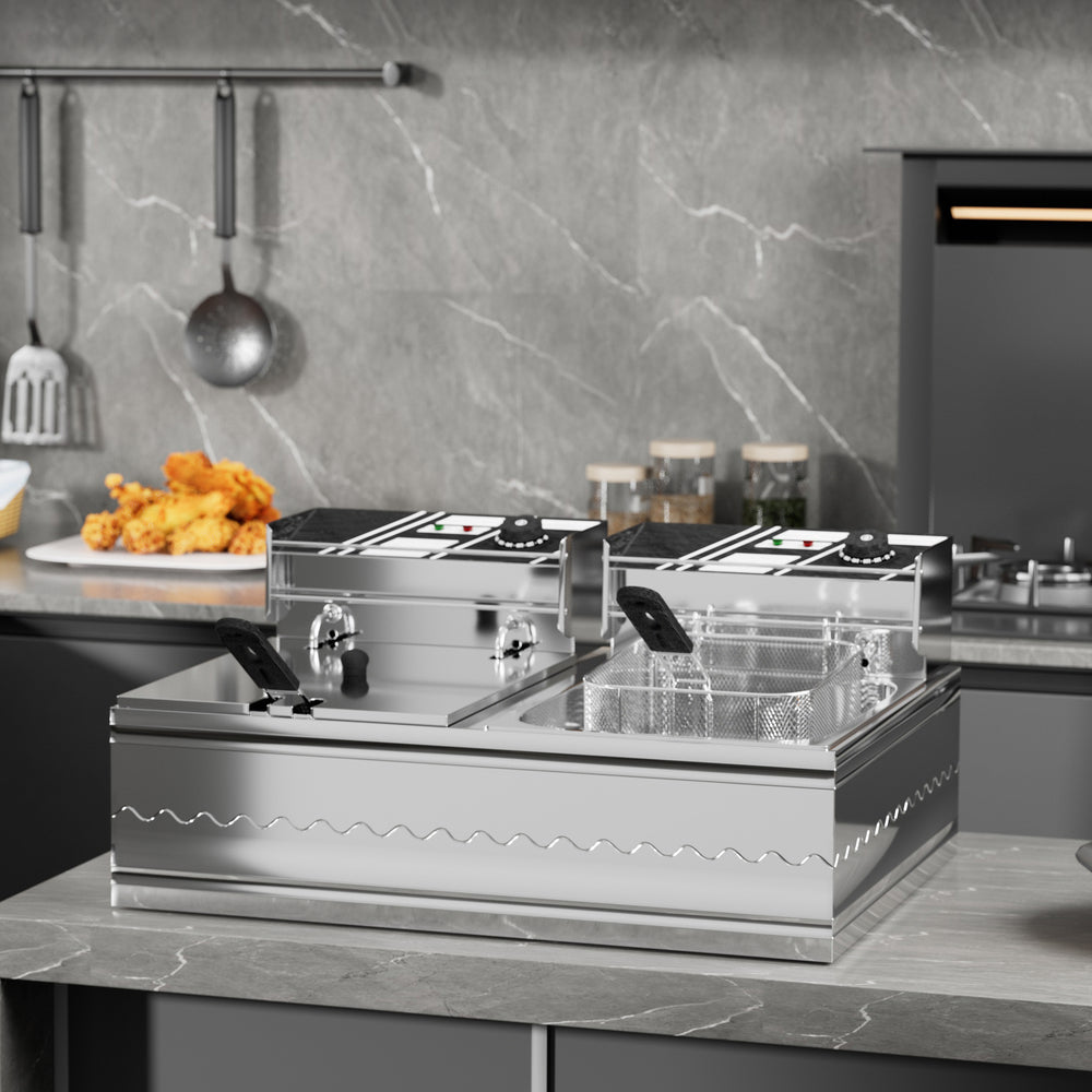 English Elm 22.8QT Commercial Electric Deep Fryer Dual Basket 5000W Stainless Steel Countertop with Lids, Temp Control and Easy-Clean Safety Features T3950P399706