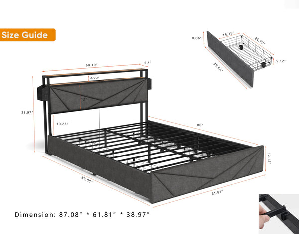 English Elm LED Queen Bed Frame with Storage Headboard, USB Charging, 16 RGB LEDs, 4 Drawers, Stable Design W2129P262891
