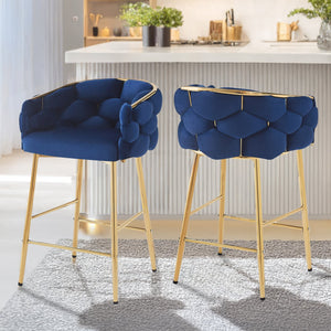 English Elm Christopher Knight Home® - 28'' Velvet Counter Stools Set of 2 with Gold Iron Frame, Plush Back & Footrest for Kitchen Dark Blue N780P199861B