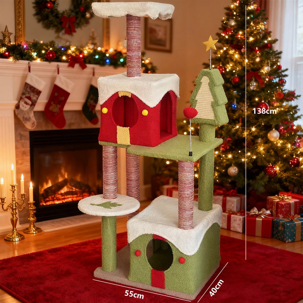 English Elm Cy14 Christmas Tree Cat Tower Plush Multi-level Condo Climbing Scratching Post W243P382850
