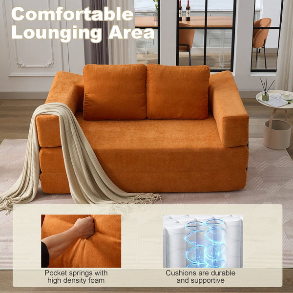 English Elm Modern Minimalist Sofa Fold-Out Convertible Floor Couch Bed with Removable Backrest Chenille Orange, Modular Comfort and Side Pockets W1829P186302