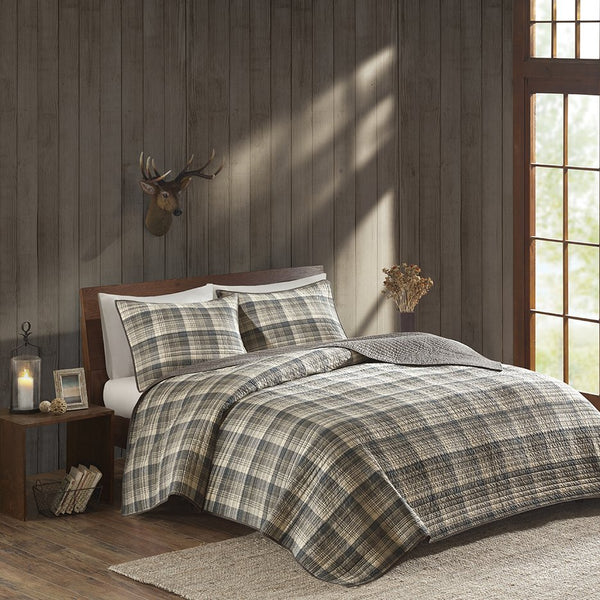 JLA Home Woolrich - 100% Cotton Oversized Quilt Mini Set – Reversible Plaid & Solid Design, Lightweight Breathable Year-Round Comfort Tan WR14-1787
