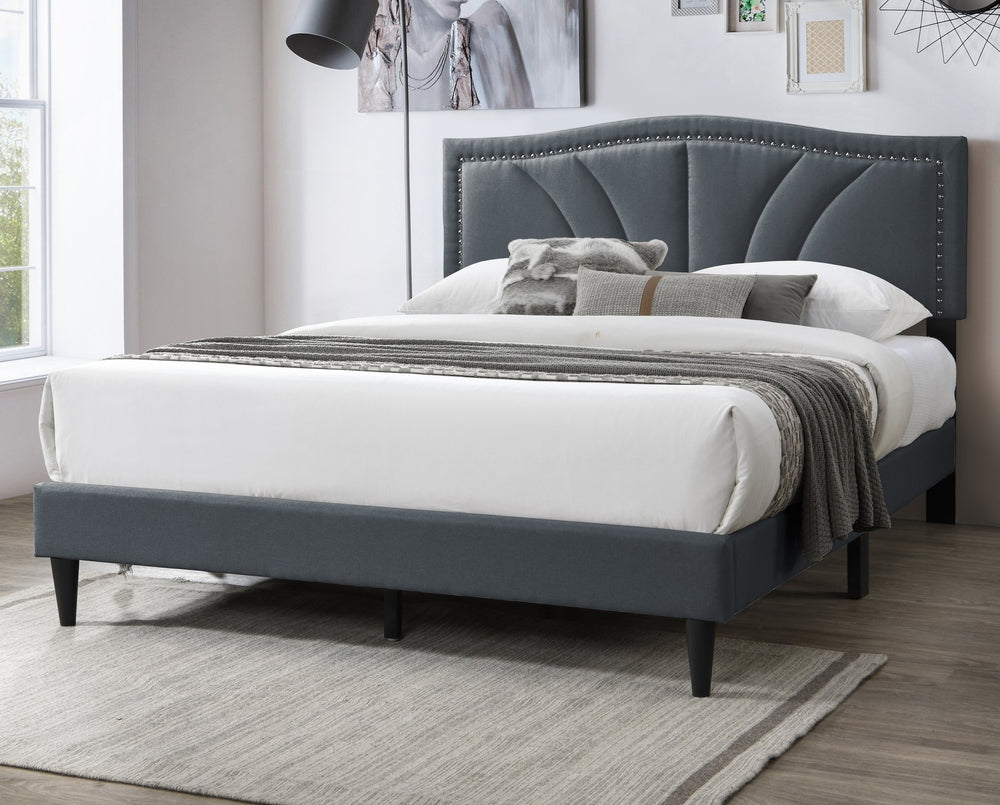 English Elm Modern Burlap Upholstered Platform Bed Nailhead Trim Sloped Headboard Charcoal B011P418594