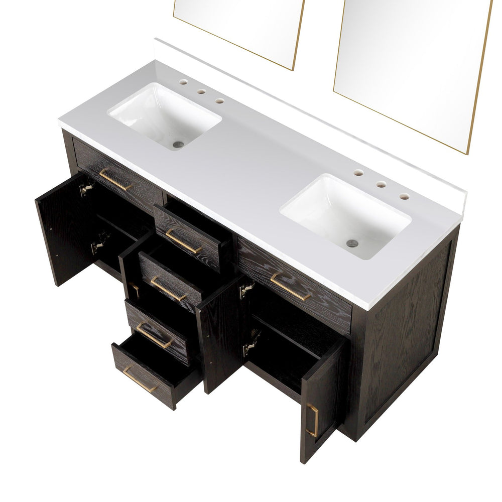 English Elm Brown Oak Double Bath Vanity With White Quartz Top & 28" Mirrors - Elegant, Durable, Modern Design! B2731S01532