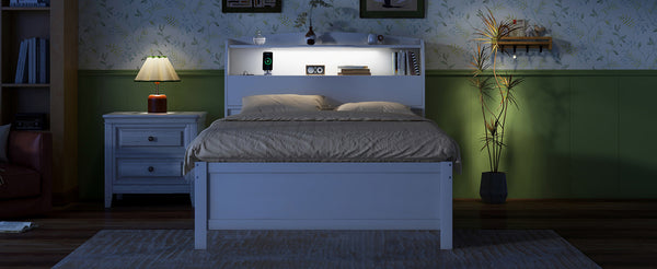 English Elm Full Size Wooden Led Platform Bed With Trundle, Storage Headboard, Usb Ports, And Drawers In White N820S10009K