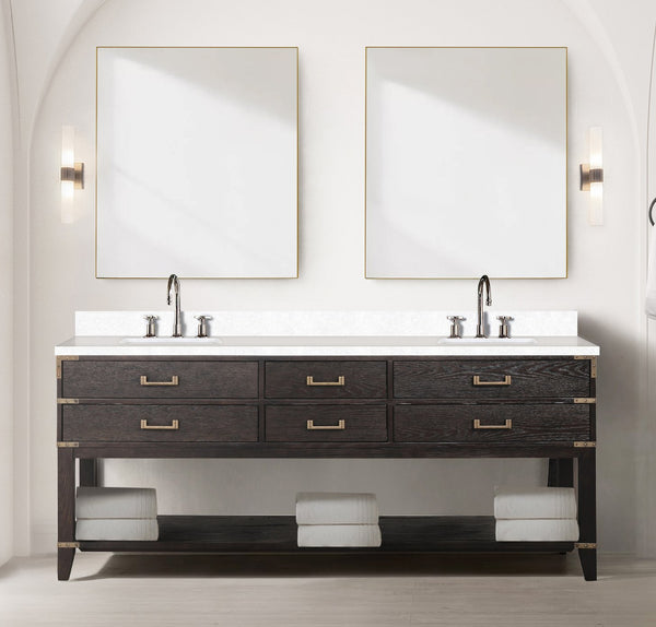 English Elm Brown Oak Double Bath Vanity 80" W X 22" D - Elegant Cultured Marble Top, Ample Storage & Style B2731P260330