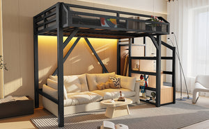 English Elm Twin Metal Loft Bed with Wardrobe Shelves Storage Stairs Led Lighting Usb Ports W1580S00404