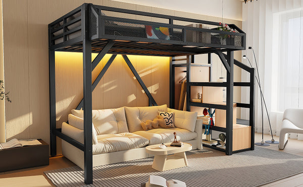 English Elm Twin Metal Loft Bed with Wardrobe Shelves Storage Stairs Led Lighting Usb Ports W1580S00404