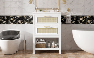 English Elm 24" Rattan Front Bathroom Vanity with Ceramic Sink Deep Drawer Storage Mdf Cabinet White N710P293990K