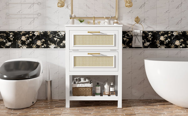 English Elm 24" Rattan Front Bathroom Vanity with Ceramic Sink Deep Drawer Storage Mdf Cabinet White N710P293990K