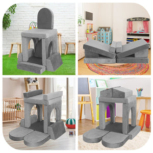 English Elm 12 Piece Modular Foam Play Couch Set Velvet Convertible Sofa Fort for Kids Playroom Light Gray T5880P493410