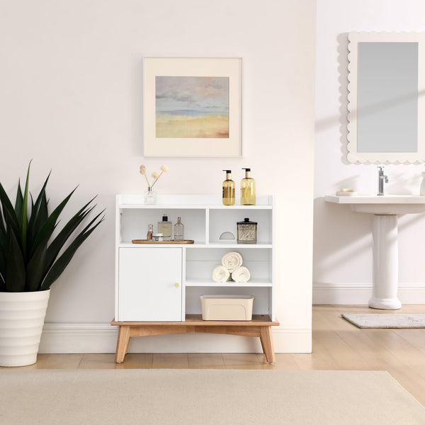 English Elm Colorblocking Oak Natural Wood + Off White Storage Cabinet with Solid Wood Base, 5 Shelves & Outlet W1801P195703