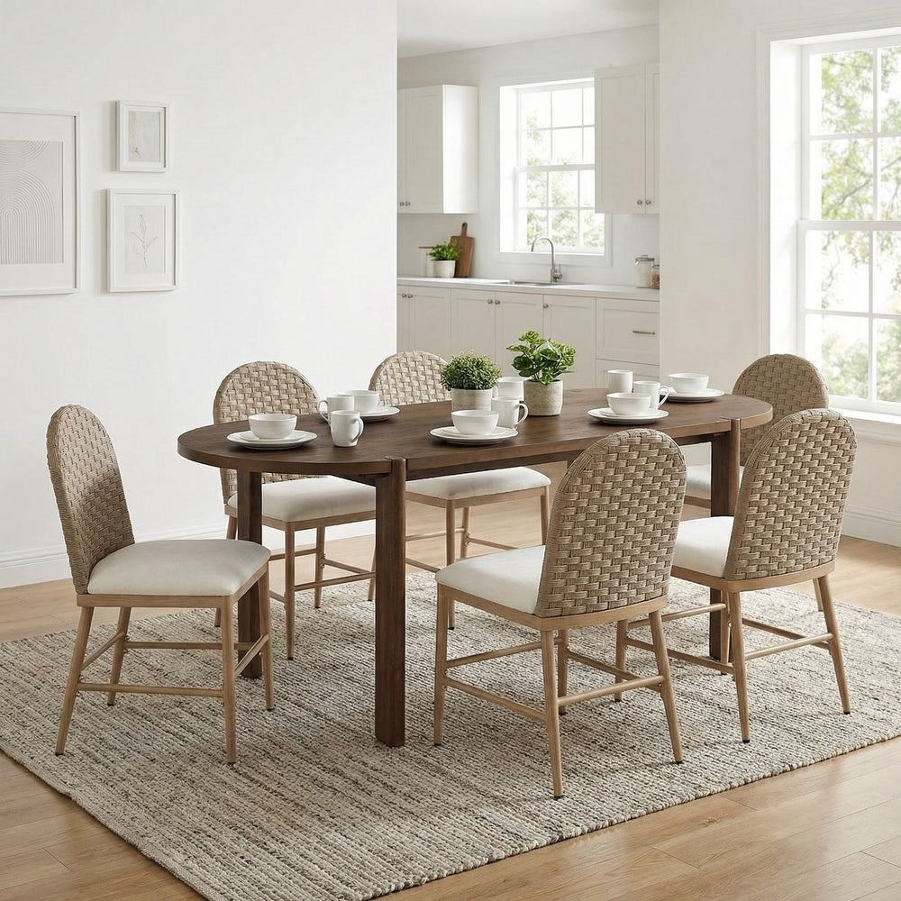 English Elm 7 Piece Oval Rubberwood Dining Set Rattan Back Chairs Walnut Finish Seats Six N762P396360D_N762P329084D6