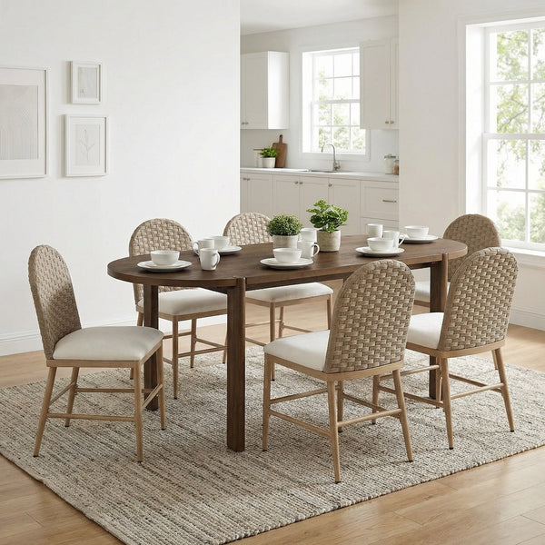 English Elm 7 Piece Oval Rubberwood Dining Set Rattan Back Chairs Walnut Finish Seats Six N762P396360D_N762P329084D6