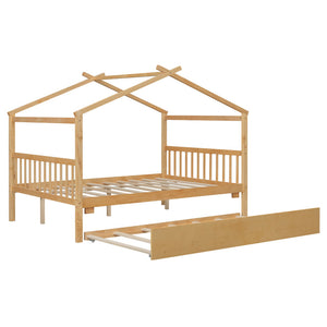 English Elm Full Size House Bed Solid Pinewood Frame with Pull Out Twin Trundle for Kids Natural LP000305AAM-1