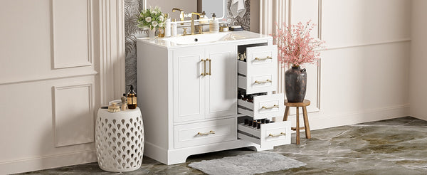 English Elm 36" Traditional Bathroom Vanity with Ceramic Sink, Solid Wood Cabinet, Soft-Close Doors & Drawers White N729P251630K