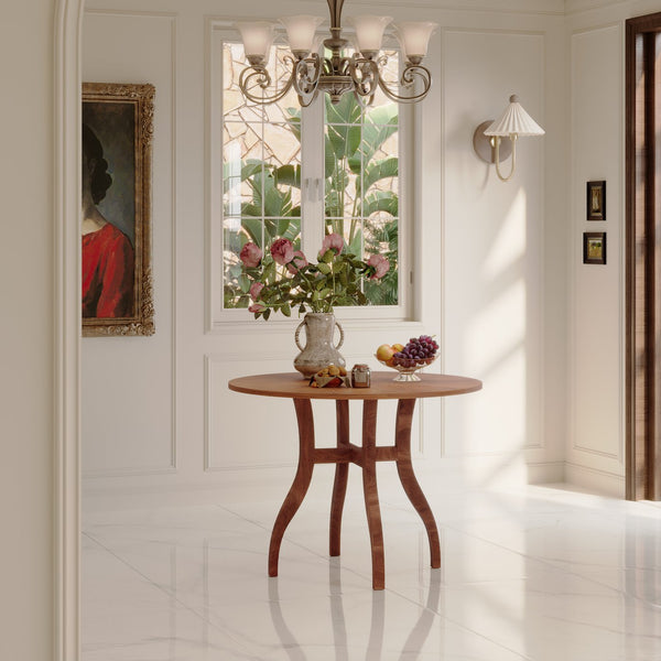 English Elm Walnut Round Dining Table 39.4" — Elegant Pedestal Base, Fluted Carvings, Durable Plywood-Rubberwood Build N842P315206D