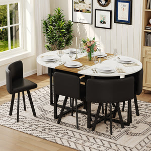 English Elm 7-piece Oval Dining Set Two-tone Marble Tabletop with Pu Leather Chairs for Six Black,White,Wood W3875S00090