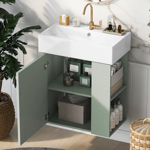 English Elm 21.6 inch Modern Floating Bathroom Vanity with Ceramic Basin, Wave Door, Rose Gold Handle Green N729P170388F