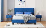 English Elm Simple Queen Size Upholstered Bed Frame With Rivet Design, Modern Velvet Platform Bed With Headboard, Blue