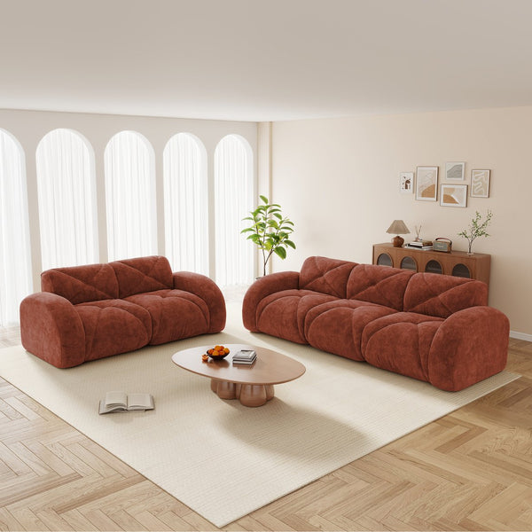 English Elm Three Seater Chenille Sofa with Ottoman Solid Wood Base Tufted Arms Living Room Red W714S01638