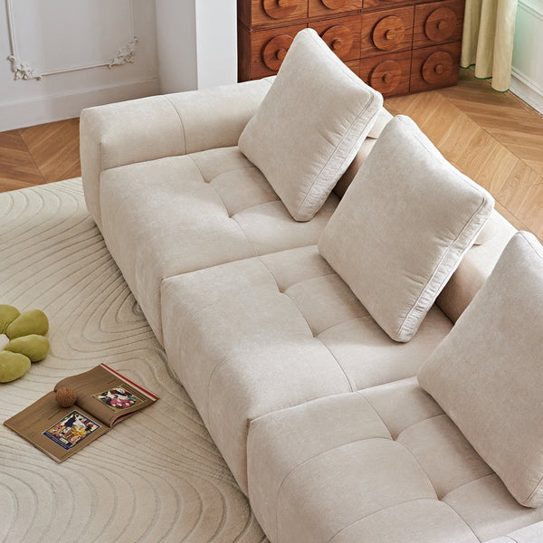 English Elm Luxury Piano Key Chenille Velvet Sofa Solid Wood Frame Three Seat Modern Living Room Beige W1765S00133