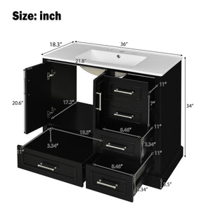 English Elm 36" Traditional Bathroom Vanity with Ceramic Sink, Solid Wood Cabinet, Soft-Close Doors & Drawers Black N729P251630B