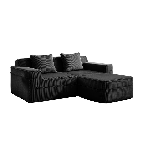 English Elm Modular 2-Seat L-Shape Sectional Sofa, Plush Corduroy Couch With Movable Ottoman & Throw Pillows W3041S00323