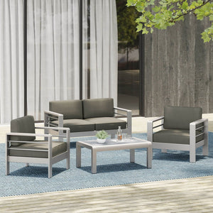 English Elm Christopher Knight Home® - CAPE Coastal Aluminum Outdoor 4-Piece Chat Set with Tempered Glass Table, Ergonomic Comfort and Space-Saving Style khaki,Silver CAPECORAL4PCSS