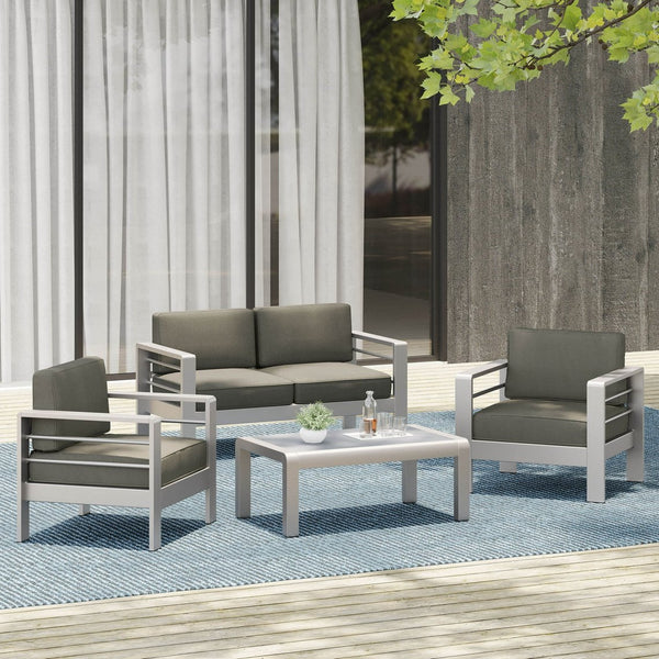 English Elm Christopher Knight Home® - CAPE Coastal Aluminum Outdoor 4-Piece Chat Set with Tempered Glass Table, Ergonomic Comfort and Space-Saving Style khaki,Silver CAPECORAL4PCSS