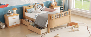 English Elm Twin Solid Wood Platform Bed with Guardrail for Kids, Low-Profile Sturdy Pine Frame, Safe Sleep Solution Natural 69.69 L x 18.5 W x 7.68 H W2593P331680