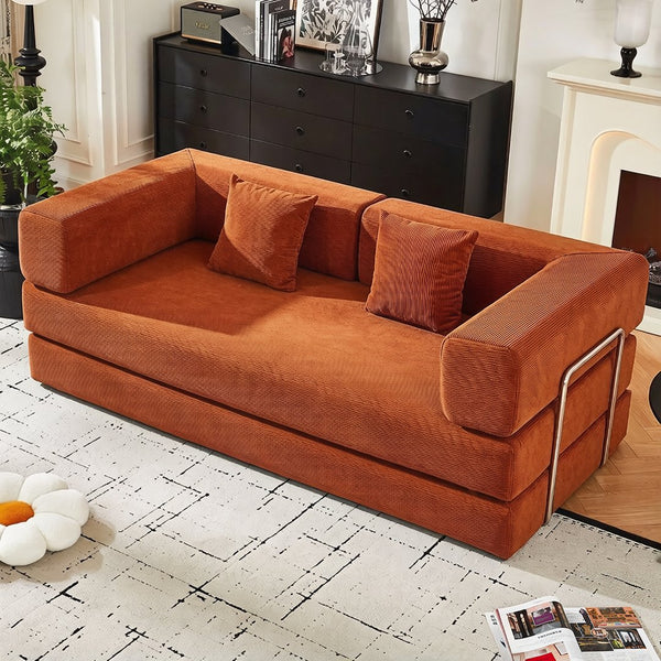 English Elm Convertible Corduroy Floor Sofa with Folding Sleeper and Bolster Pillow for Apartments Orange W5638P460470